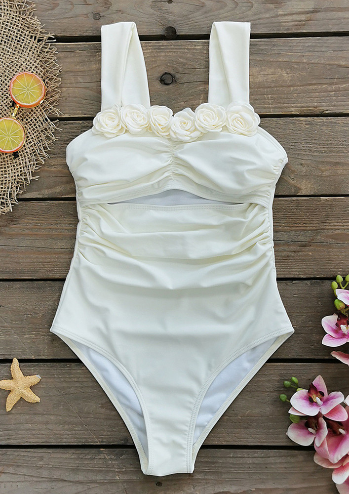 Ruched White Floral Decor Cut-out Swimsuit