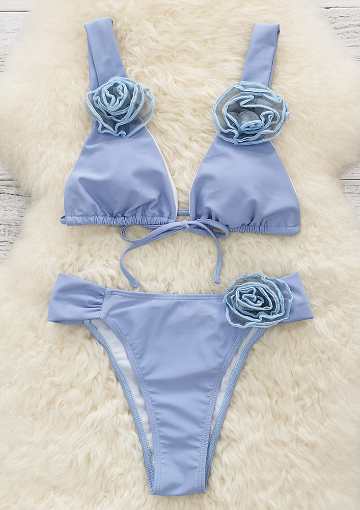 Floral Design Tie-up Straps Blue Bikini Set