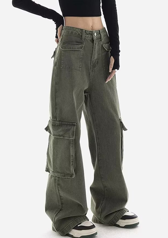 Washed Green Wide Fit Cargo Jeans
