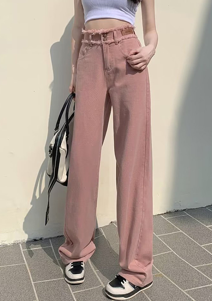Pink Raw-trim High-waisted Jeans