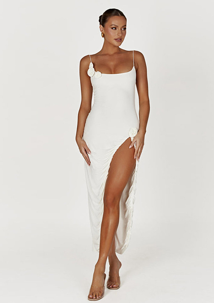 White Ruched Strappy High-slit Dress