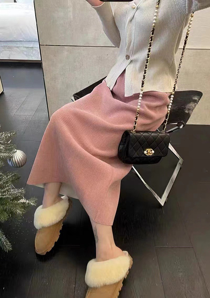 Pink A-line Corduroy Midi Skirt