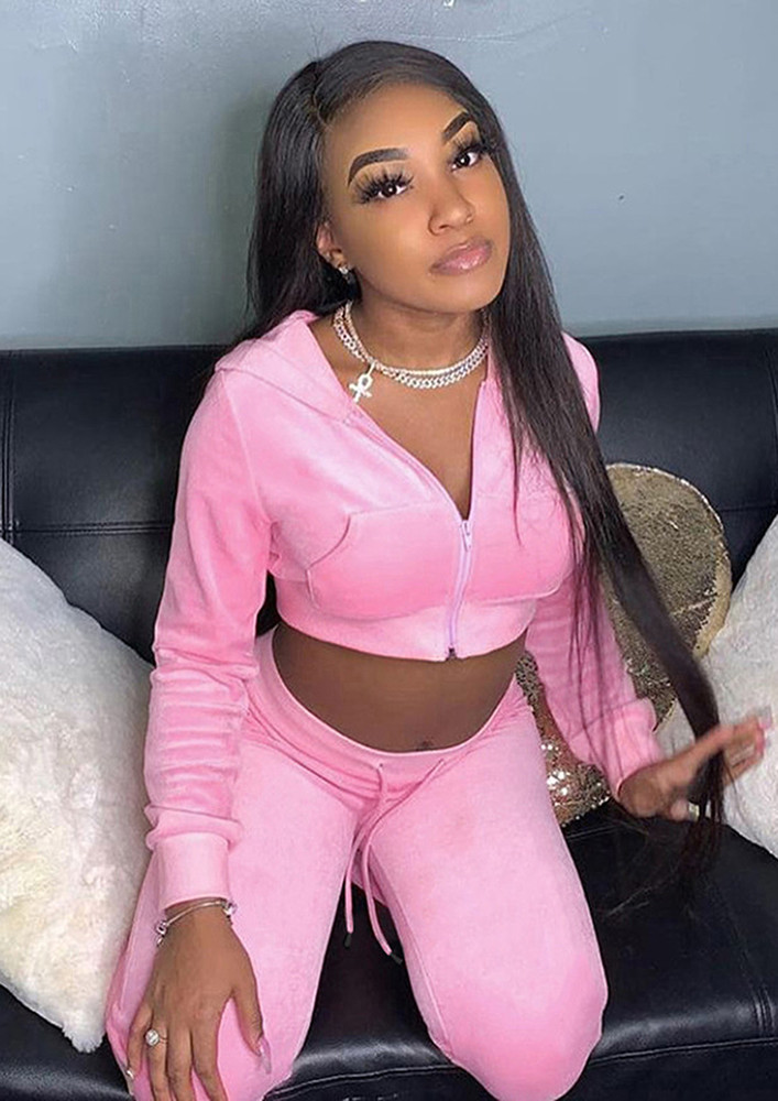PINK VELOUR CROPPED HOODIE & TROUSER SET