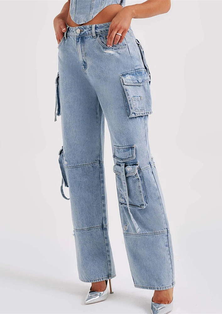 BLUE MULTIPOCKETED STRAIGHT CARGO JEANS
