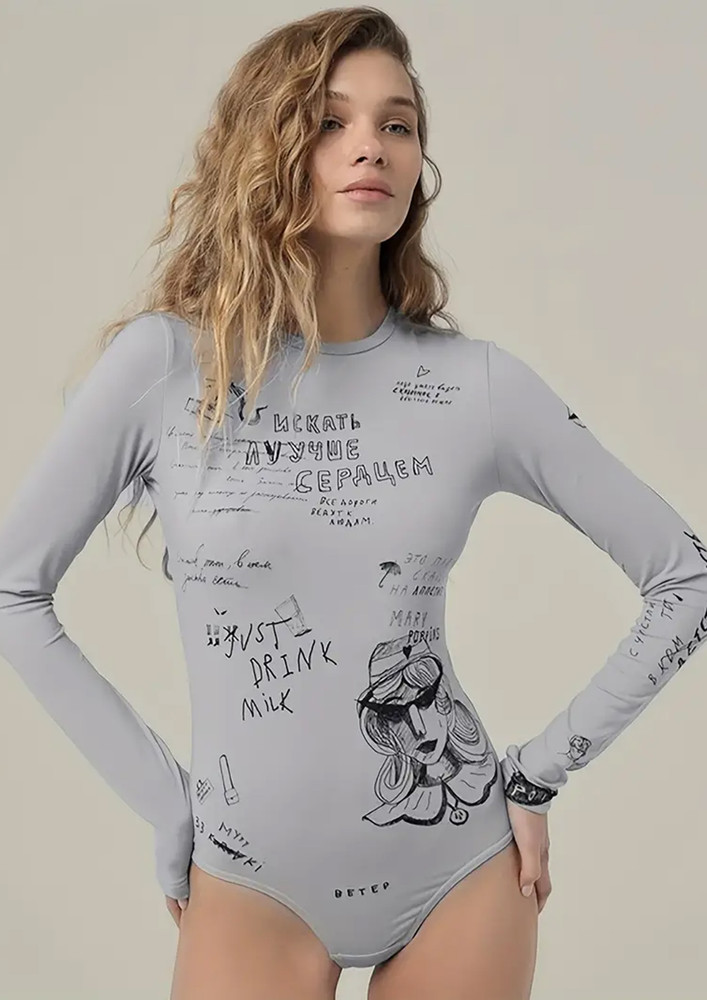 Grey Graffiti Print Long Sleeved Bodysuit