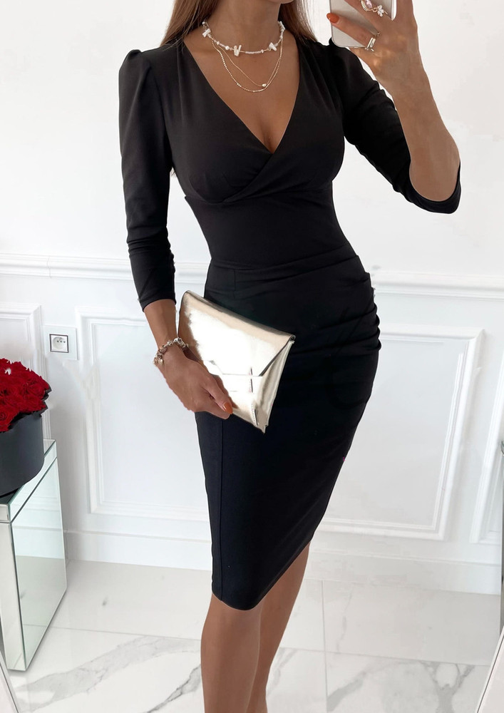 PLUNGING NECK FITTED CLASSIC BLACK PENCIL DRESS