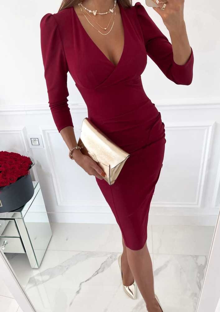 PLUNGING NECK FITTED CLASSIC CRIMSON PENCIL DRESS