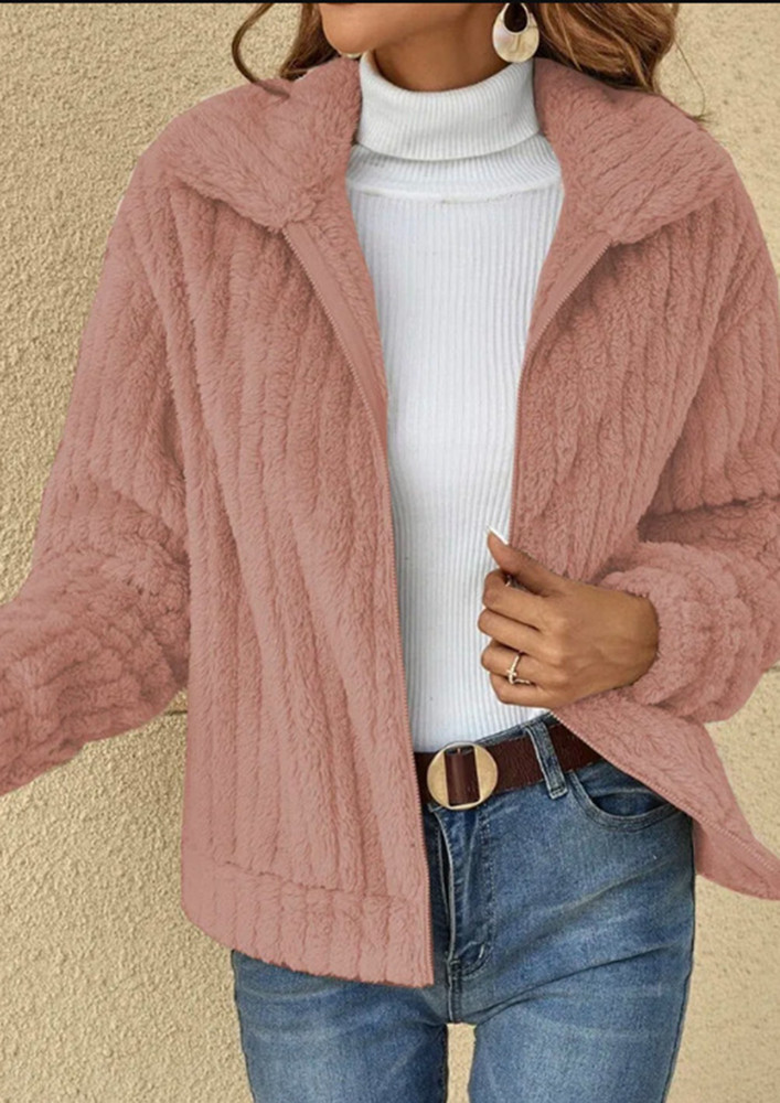 ZIP-FLY-FRONT TEDDY PINK KNIT JACKET