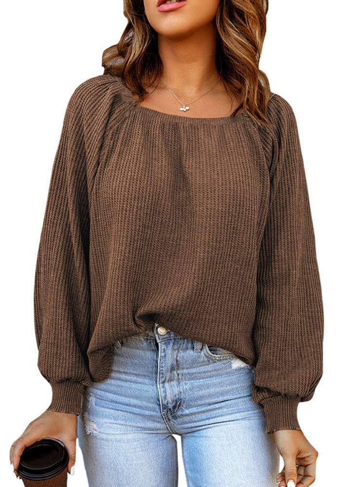 SQUARE-NECK BROWN PUFF SLEEVE REGULAR BLOUSE