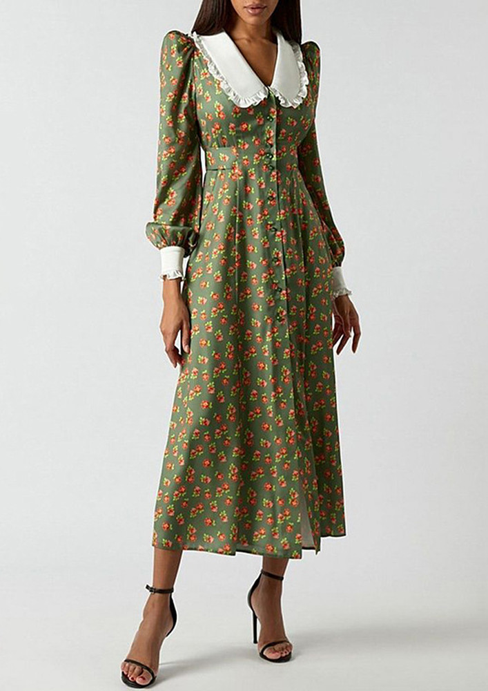 Green Floral Pattern A-line Retro Dress
