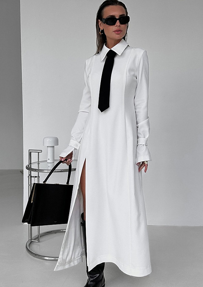 White A-line Dress With Contrast Tie
