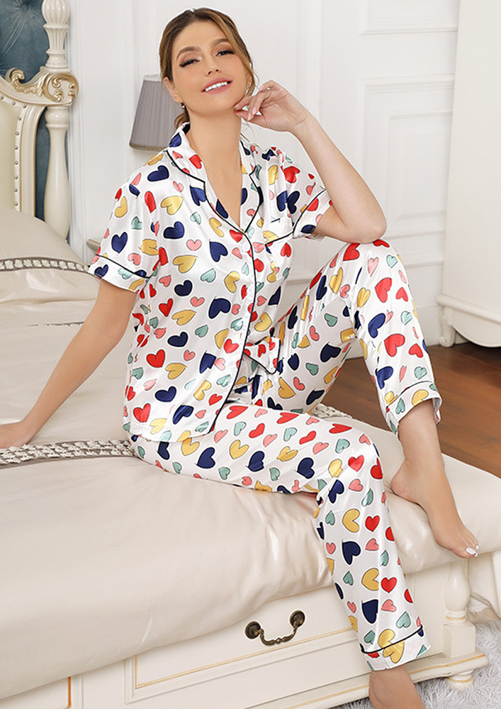 White Motif Print Pyjama Shirt & Bottoms