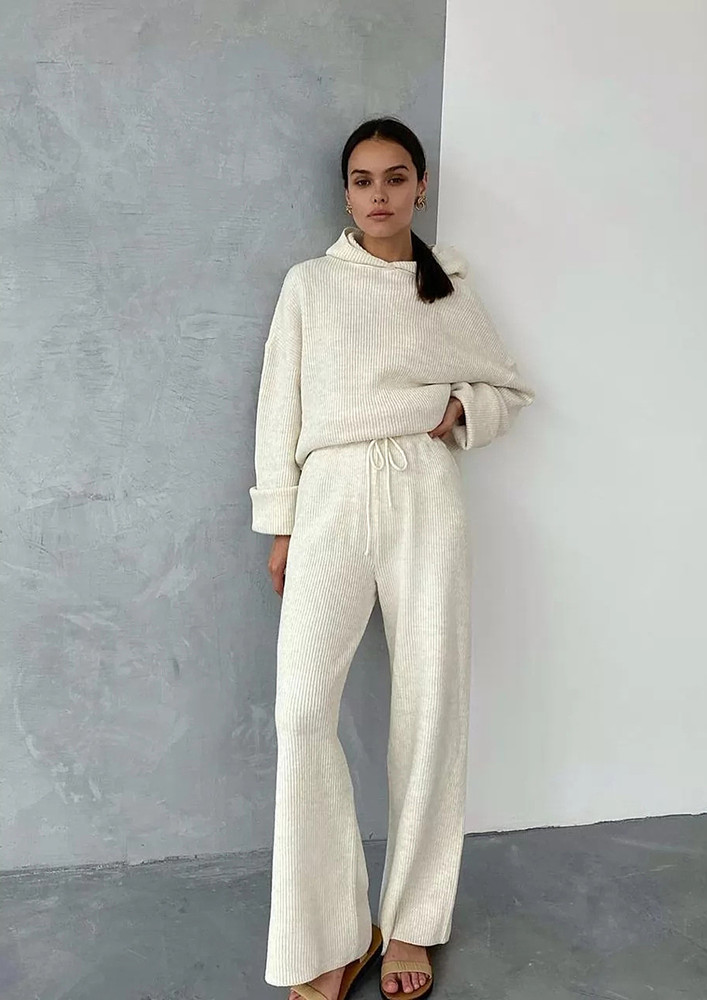 2PC WHITE LOOSE FIT KNITTED LOUNGEWEAR SET