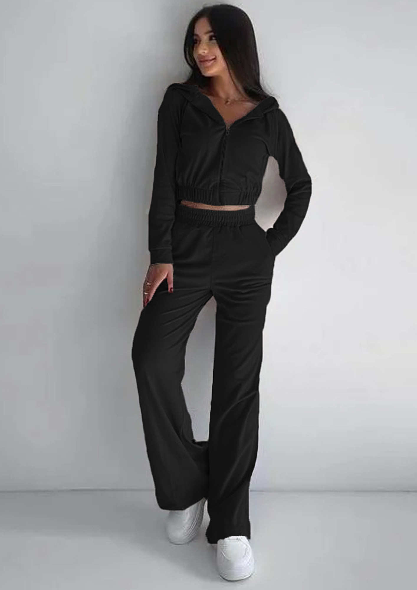 Buy BLACK CROPPED HOODIE & STRAIGHT TROUSER SET for Women Online