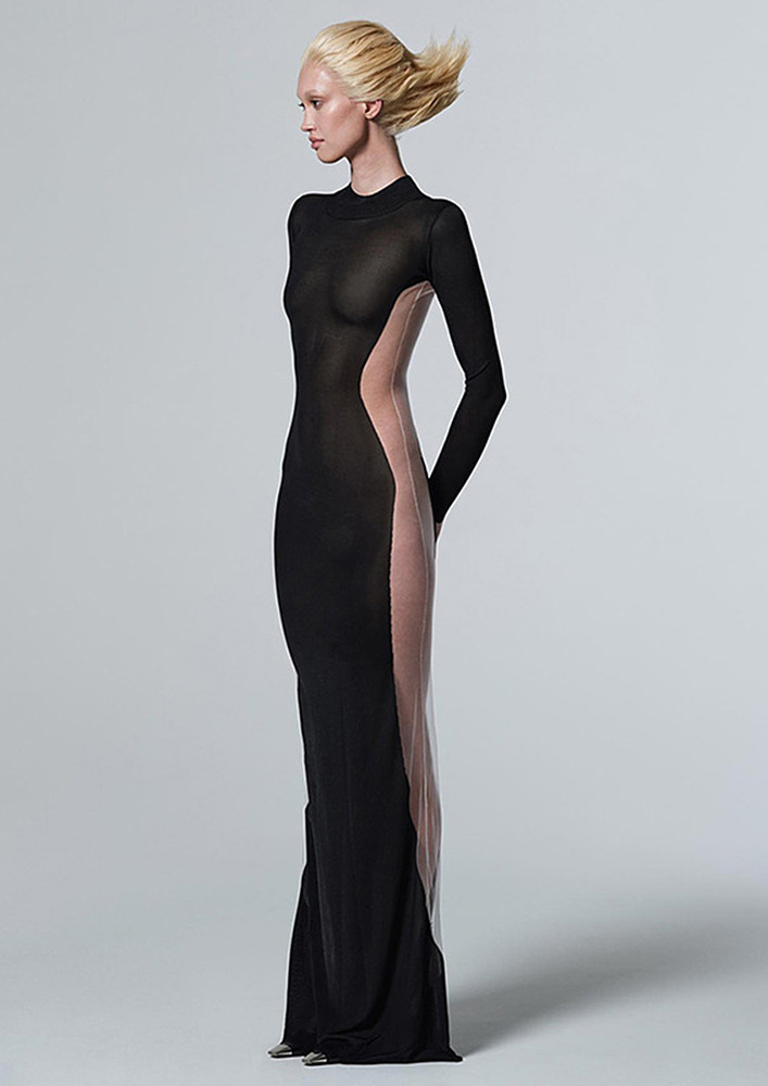 Long Mesh Splicing Black Long Dress