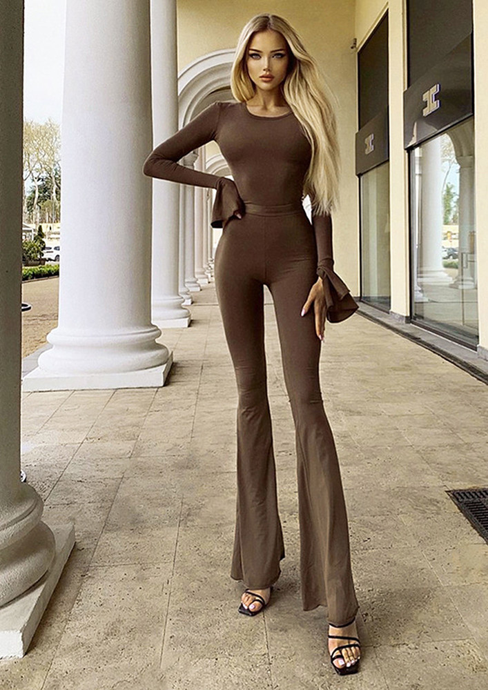 SOLID BROWN TOP AND FLARED PANTS SET
