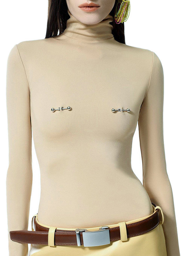 APRICOT POLO NECK FITTED METAL PIN TOP
