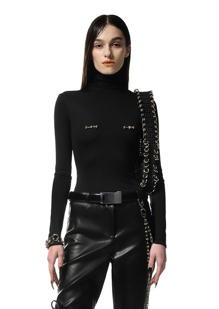 BLACK POLO NECK FITTED METAL PIN TOP