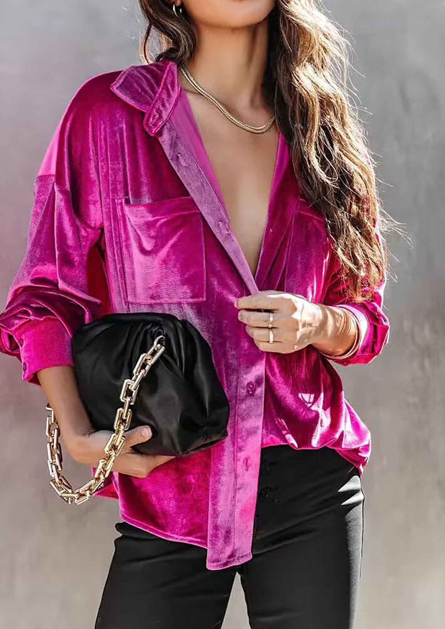 Collared Button-Down Velvet Pink Shirt