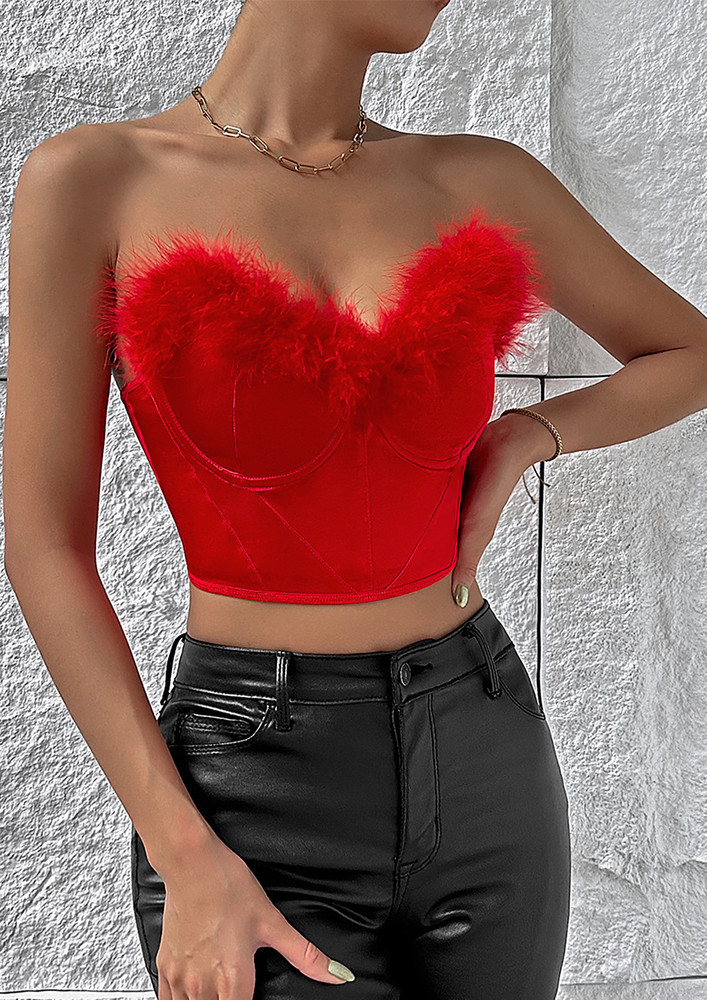 FAUX-FEATHER RED CORSETRY TUBE TOP