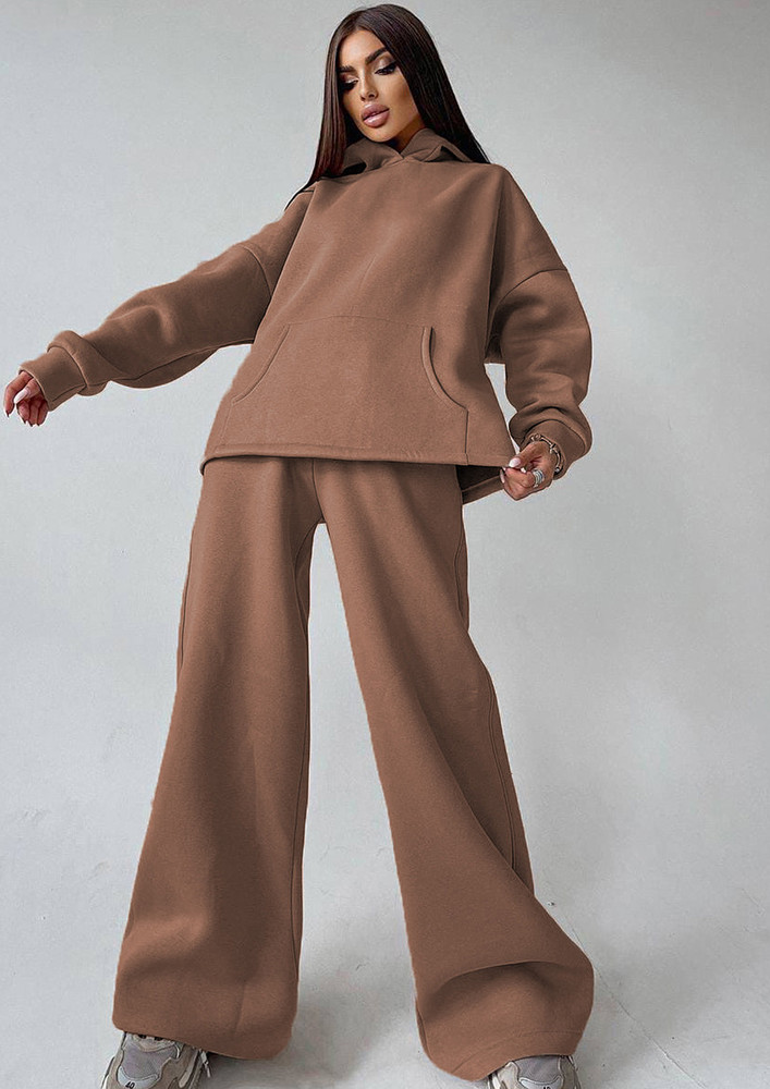 BROWN RELAXED FIT HOODIE & WIDE TROUSER SET