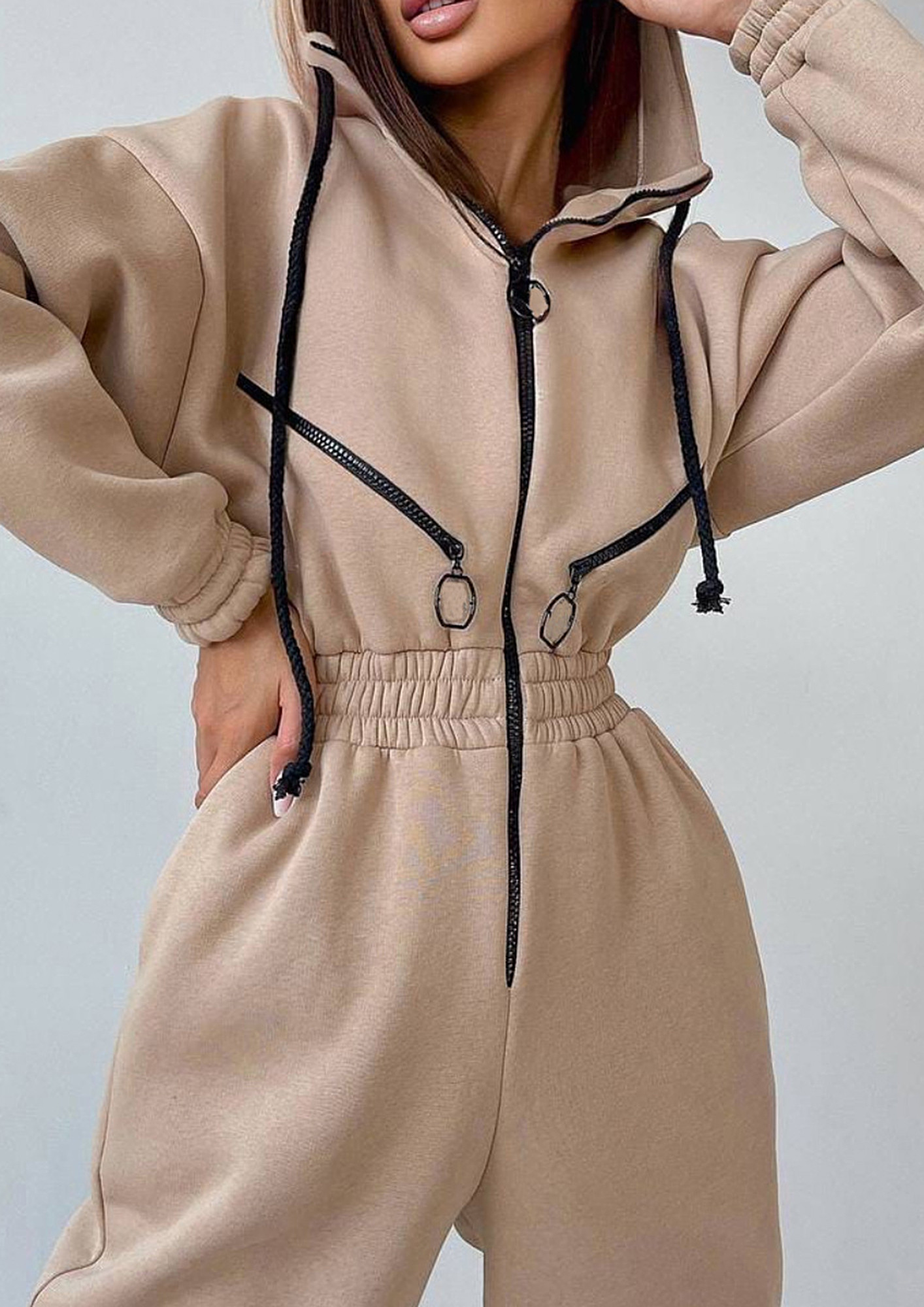 Buy KNITTED BEIGE ZIP-DOWN HOODED JUMPSUIT for Women Online in India