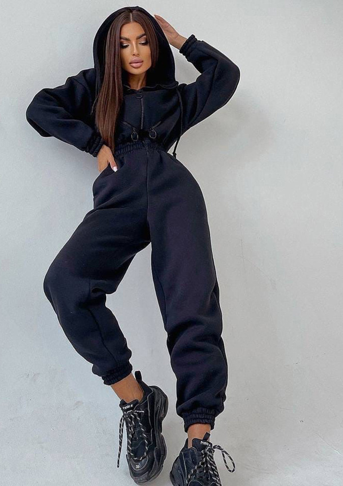KNITTED BLACK ZIP-DOWN HOODED JUMPSUIT