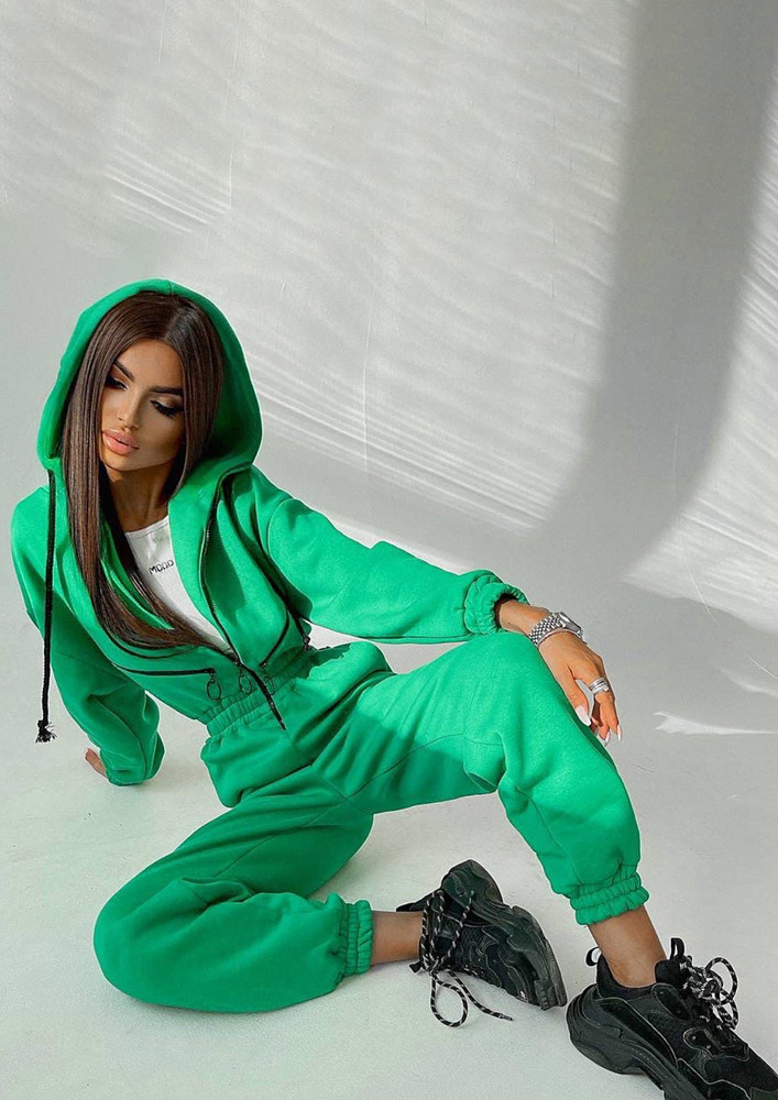 KNITTED GREEN ZIP-DOWN HOODED JUMPSUIT