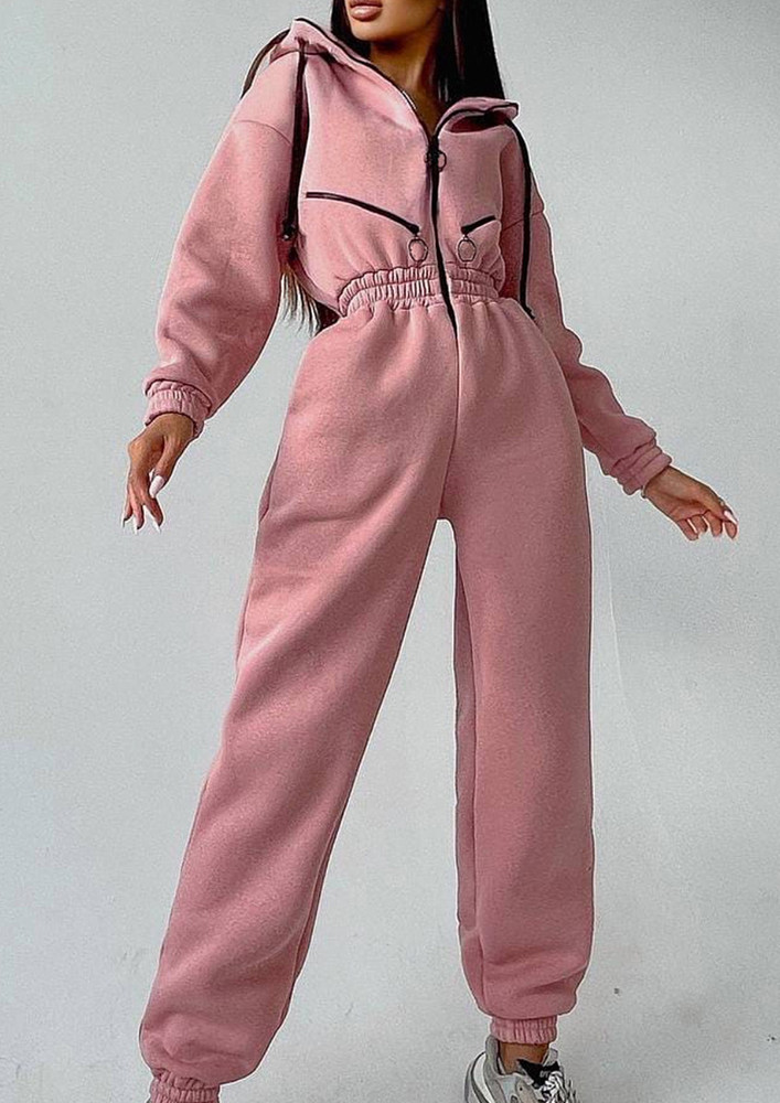 PINK KNITTED ZIP-DOWN HOODED JUMPSUIT