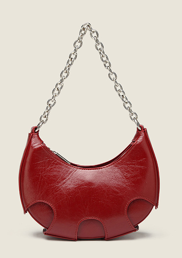 RED SINGLE CHAIN STRAP PU LEATHER SHOULDER BAG