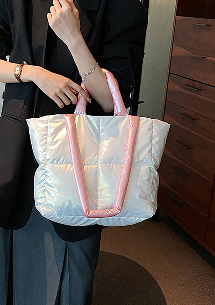 QUILTED METALLIC WHITE TOTE BAG