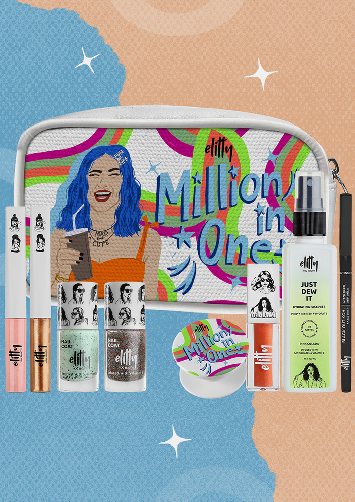 Elitty Million in One Kit - Complete Makeup Kit for Teens ( Nail Coat - Peace Out, It's a Vibe| Pop Eyeliner -Fading Love,Eternal Eclipse, Black Out Kohl - Intense Black |Jelly Lips - Pretty Woke | Just dew it Hydrating Face Mist - Pina Colada) - Pack of 