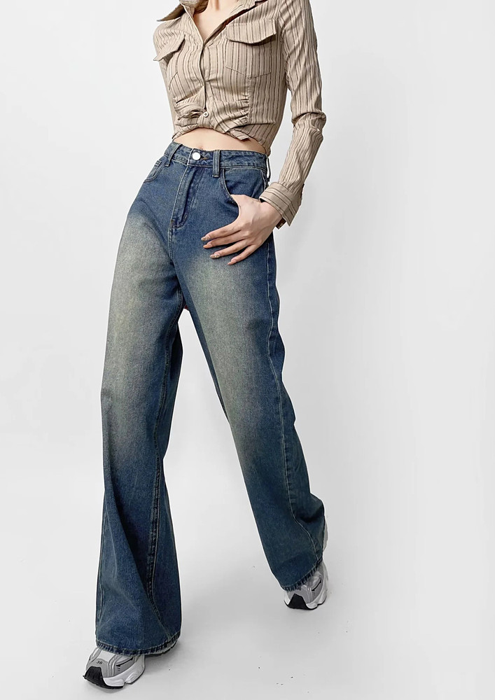 Retro Blue Washed-effect High-waisted Jeans
