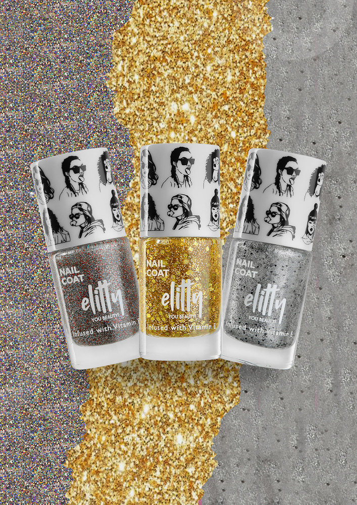 Elitty Mad Over Nails - Shimmer Combo (It's a Vibe, Ice Breaker,Golden Hour), 12 Toxin Free Formula, Infused with Witch Hazel & Vit E, Vegan & Cruelty Free