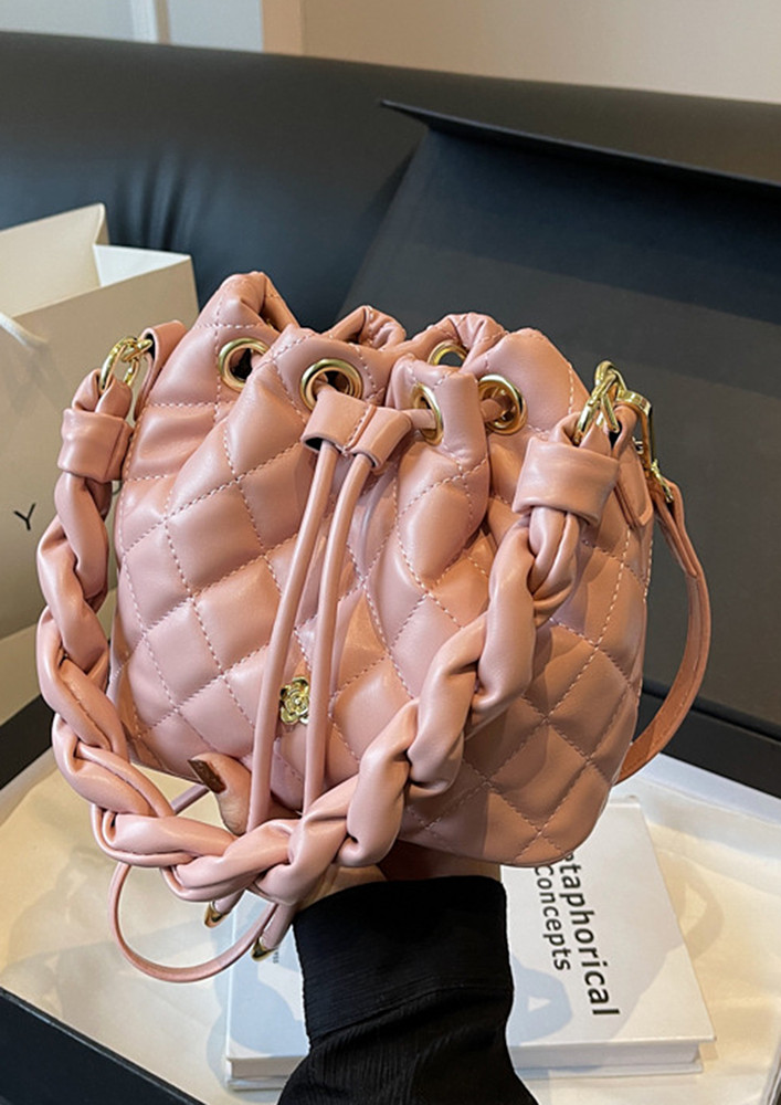 PINK QUILTED TWISTED STRAP BUCKET BAG