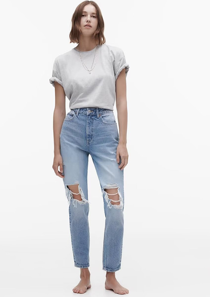RIPPED-THIGH BLUE STRAIGHT JEANS