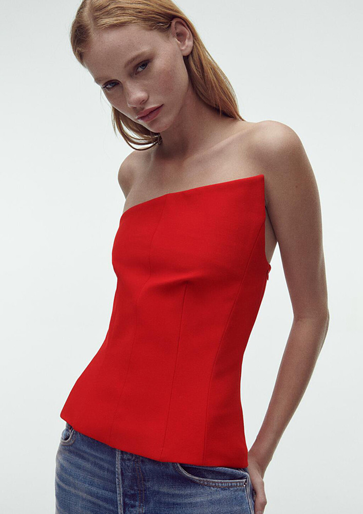 LINED RED DIAGONAL TUBE TOP