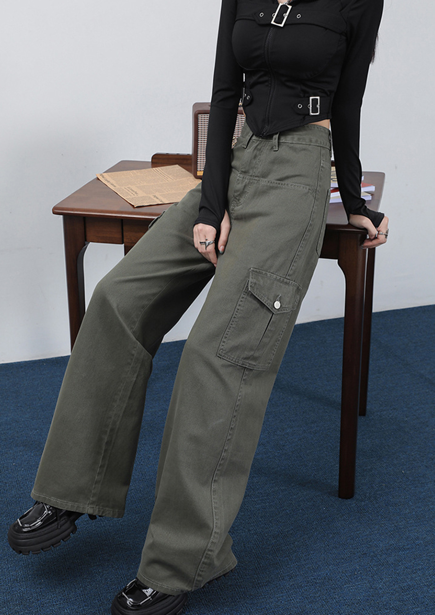 Fashion (Black)Women Cargo Pants Side Flap Pocket Trousers Solid