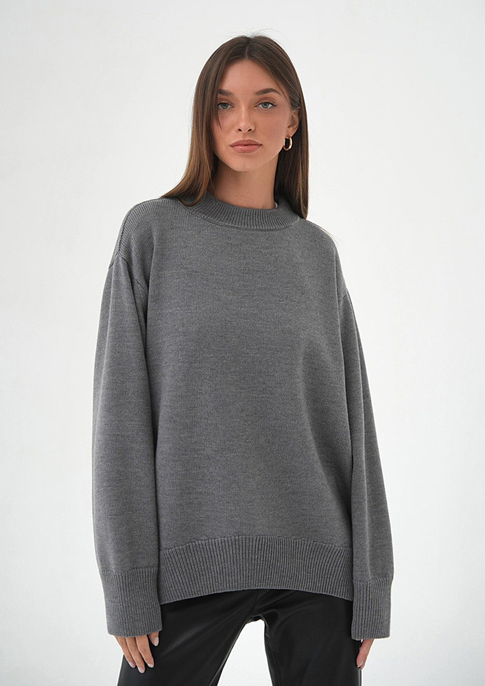 ROUND NECK KNITTED LOOSE GREY JUMPER