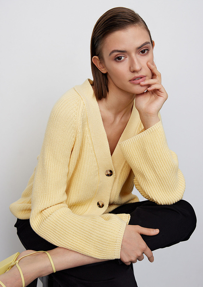 V-NECK BUTTON-DOWN YELLOW CARDIGAN