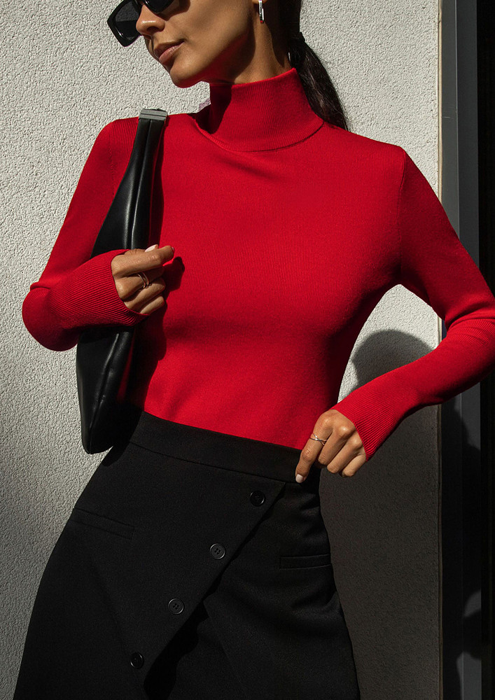 SEAMLESS RED KNITTED POLO NECK TOP
