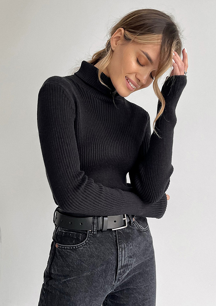 POLO NECK KNITTED BLACK SLIM TOP
