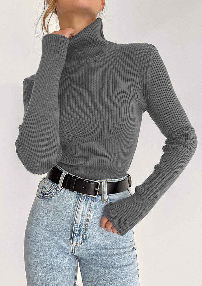 POLO NECK KNITTED GREY SLIM TOP