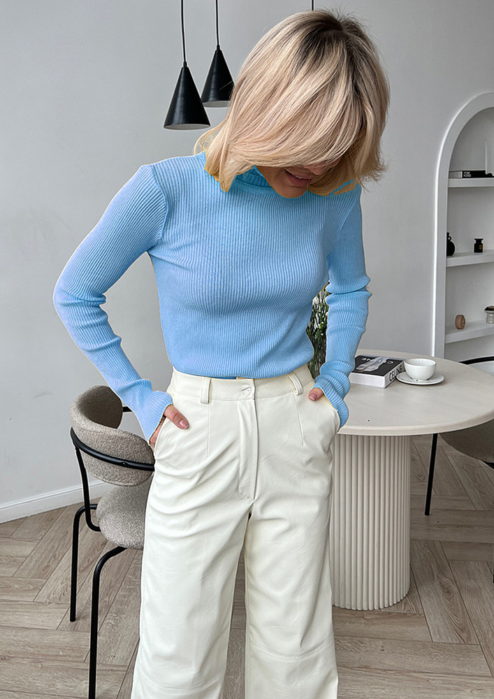 POLO NECK KNITTED SLIM BLUE TOP