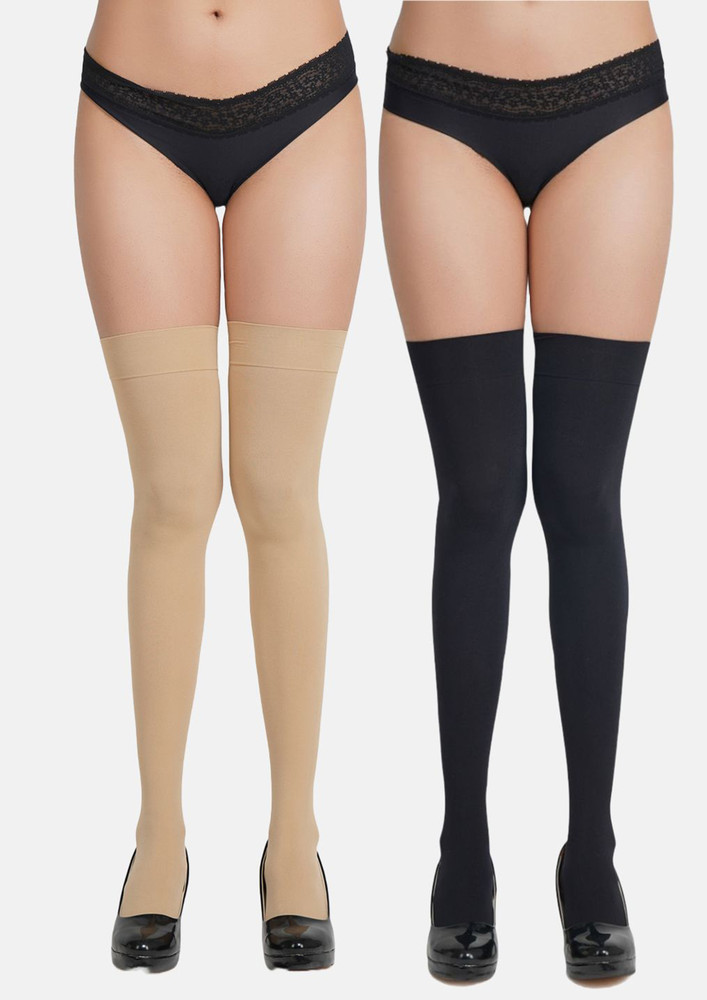 N2s Next2skin Women's Thigh High Opaque Stockings Combo (skin, Black)-pack Of 2