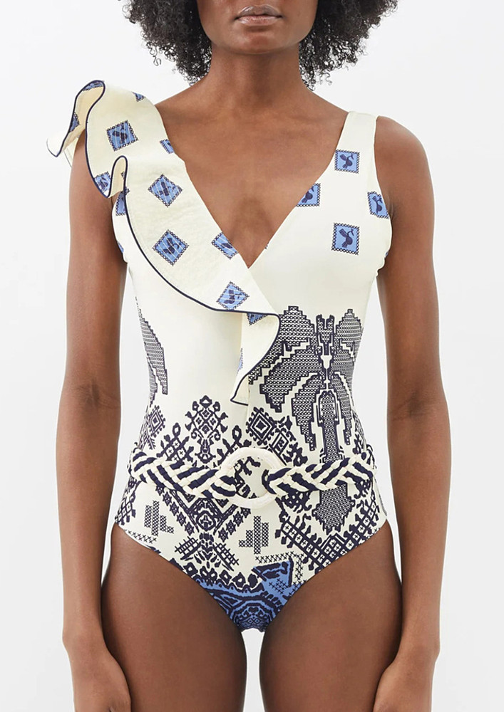 Printed V-neck Blue Grey Frill Swimsuit