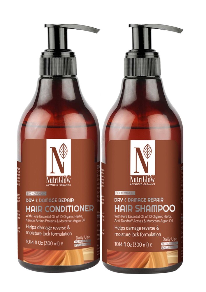 Nutriglow Advanced Organics Dry & Damage Repair Hair Shampoo & Hair Conditioner Ultimate Nourishment And Frizz Free Hair, Smoothing And Repairing Instant Shine To Dull Hair, Pack Of 2, 300 Ml Each