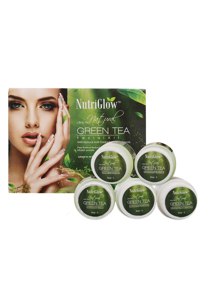 NutriGlow Green Tea Facial Kit 5-Pieces Skin Care Set For Deep Cleansing, Acne Prone, Oily Skin, 250gm-NG1015