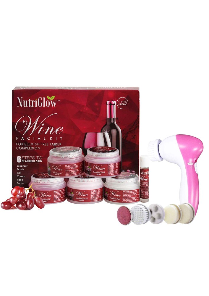 NutriGlow Wine Facial Cleanup Kit for Women for Glowing Skin| 6-Pieces Skin Care Set with Deep Cleanser, Scrub, Nourishing Gel, Whitening Cream, Mask Pack and Serum| Anti Aging, Skin Care| 250gm+10ml| Free Face Massager