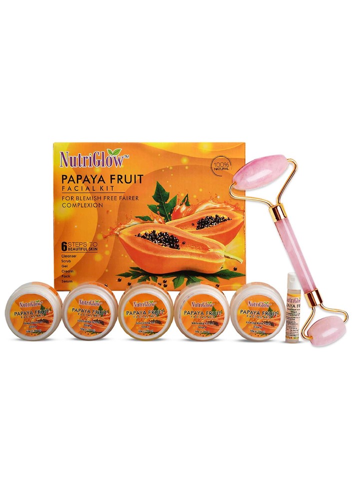 Nutriglow Papaya Facial Kit For Blemish Free And Fairer Skin Hydrated & Brightening Fresh Looking Skin, All Skin Types, No Parabens & Sulphates, 250gm+10ml With Jade